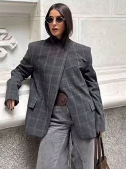 HH Women Fashion Plaid Blazer Coat Stand Collar Long Sleeve Jacket 2026 Spring Trend Casual Office Lady Chic Outerwear