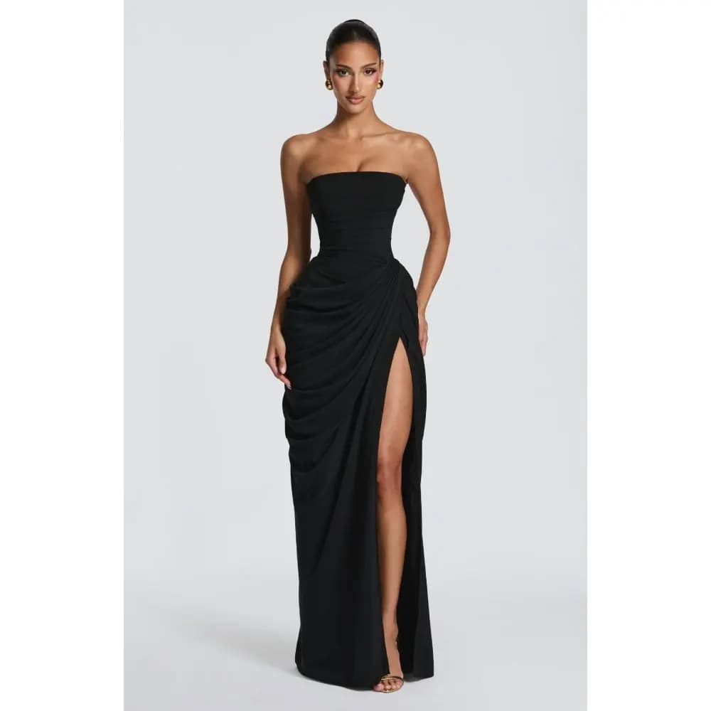 2026 new strapless evening dress women's long pleated slit sexy party dress European and American style