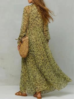 Sexy Deep V Neck High Waist Draped Party Dresses Woman Elegant Leopard Print Long Dress Spring Puff Sleeve Chiffon Holiday Dress