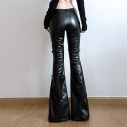 SUCHCUTE PU Leather Flare Pant Goth Buckle Lace Patchwork Pants Women Fashion Y2K Streetwear Vintage Aesthetics Casual Trouesrs