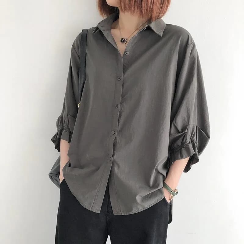 Solid Ruffle Edge Lantern Seven-quarter Sleeve Single-breasted Shirt Spring Summer New Korean Version Women Loose Large-size Top