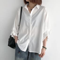 Solid Ruffle Edge Lantern Seven-quarter Sleeve Single-breasted Shirt Spring Summer New Korean Version Women Loose Large-size Top