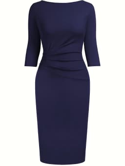 Womens Elegant Round Neck 2/3 Sleeve Work Office Knee Length Solid Business Casual Party Ruched Pencil Bodycon Sheath Dress