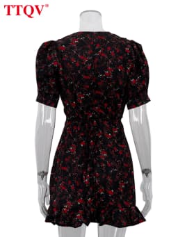 TTQV Fashion Slim Print Women's Dress 2026 Summer V-Neck Short Sleeve Mini Dresses Lady Elegant Classic High Waist Female Dress