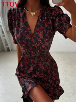TTQV Fashion Slim Print Women's Dress 2026 Summer V-Neck Short Sleeve Mini Dresses Lady Elegant Classic High Waist Female Dress