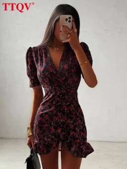 TTQV Fashion Slim Print Women's Dress 2026 Summer V-Neck Short Sleeve Mini Dresses Lady Elegant Classic High Waist Female Dress