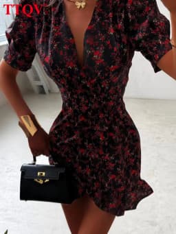 TTQV Fashion Slim Print Women's Dress 2026 Summer V-Neck Short Sleeve Mini Dresses Lady Elegant Classic High Waist Female Dress
