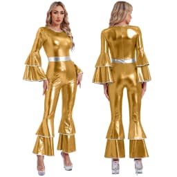 Womens 70S Disco Vintage Jumpsuit Metallic Shiny Flare Sleeve Bodysuit Hippie Bell Bottom Jazz Dance Carnival Rave Party Costume