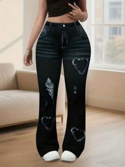 Retro Plus Size Flare Pants, Y2K Heart Print Bell Bottom Leggings, High Waist Stretchy Chic Trousers for Streetwear