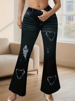 Retro Plus Size Flare Pants, Y2K Heart Print Bell Bottom Leggings, High Waist Stretchy Chic Trousers for Streetwear