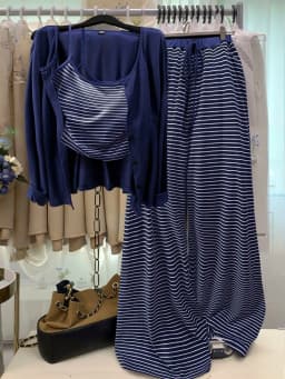 Plus Size Women's Early Fall Striped Layered Three-Piece Set, Navy Long Sleeve Blouse + Tank Top + High Waist Pants