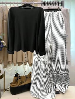 Plus Size Women's Early Fall Striped Layered Three-Piece Set, Navy Long Sleeve Blouse + Tank Top + High Waist Pants