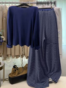 Plus Size Women's Early Fall Striped Layered Three-Piece Set, Navy Long Sleeve Blouse + Tank Top + High Waist Pants