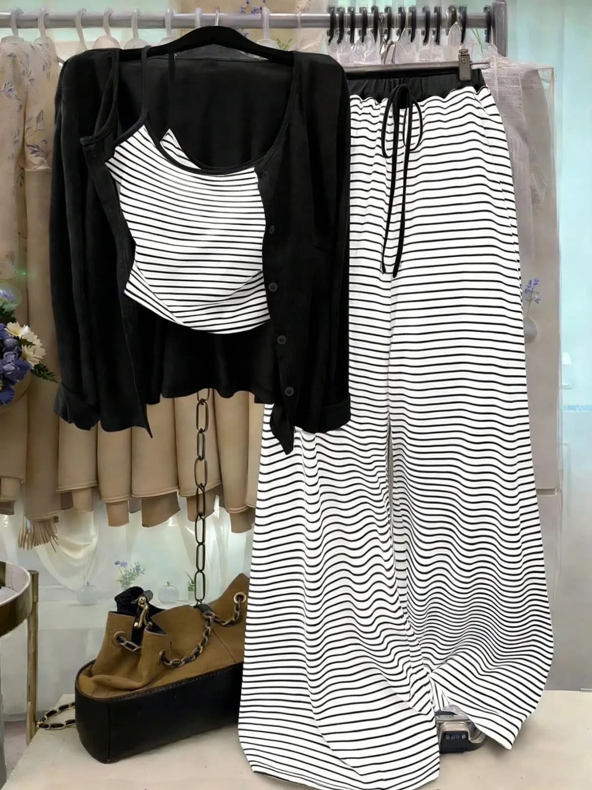 Plus Size Women's Early Fall Striped Layered Three-Piece Set, Navy Long Sleeve Blouse + Tank Top + High Waist Pants