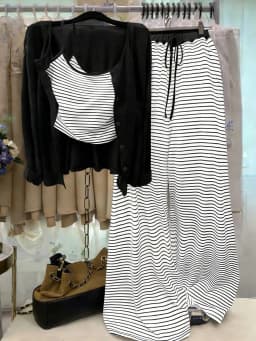 Plus Size Women's Early Fall Striped Layered Three-Piece Set, Navy Long Sleeve Blouse + Tank Top + High Waist Pants