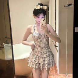 Sweet Beige Polka Dot Halter Neck One Piece Swimsuit with Ruched Bodice Tiered Ruffle Skirt Modest Swimwear for Beach Pool