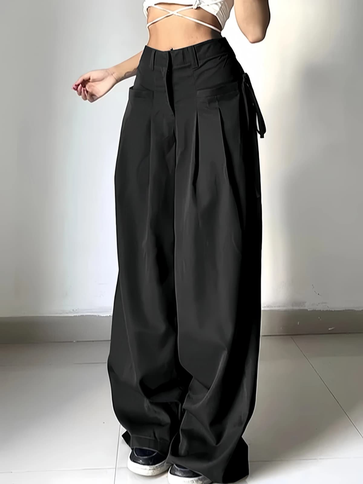 Women Wide Leg Cargo Pants High Waist Streetwear Trousers 2026 Spring Autumn Solid Black Loose Pleated Casual Pants S-XXL Size