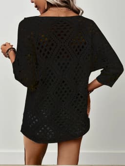 Women Spring Summer Casual Loose V Neck Half Sleeve Hollow Out Crochet Knit Sweater Beach Vacation Cover Up Pullover Tops
