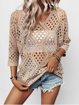 Women Spring Summer Casual Loose V Neck Half Sleeve Hollow Out Crochet Knit Sweater Beach Vacation Cover Up Pullover Tops