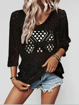 Women Spring Summer Casual Loose V Neck Half Sleeve Hollow Out Crochet Knit Sweater Beach Vacation Cover Up Pullover Tops