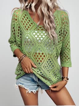 Women Spring Summer Casual Loose V Neck Half Sleeve Hollow Out Crochet Knit Sweater Beach Vacation Cover Up Pullover Tops