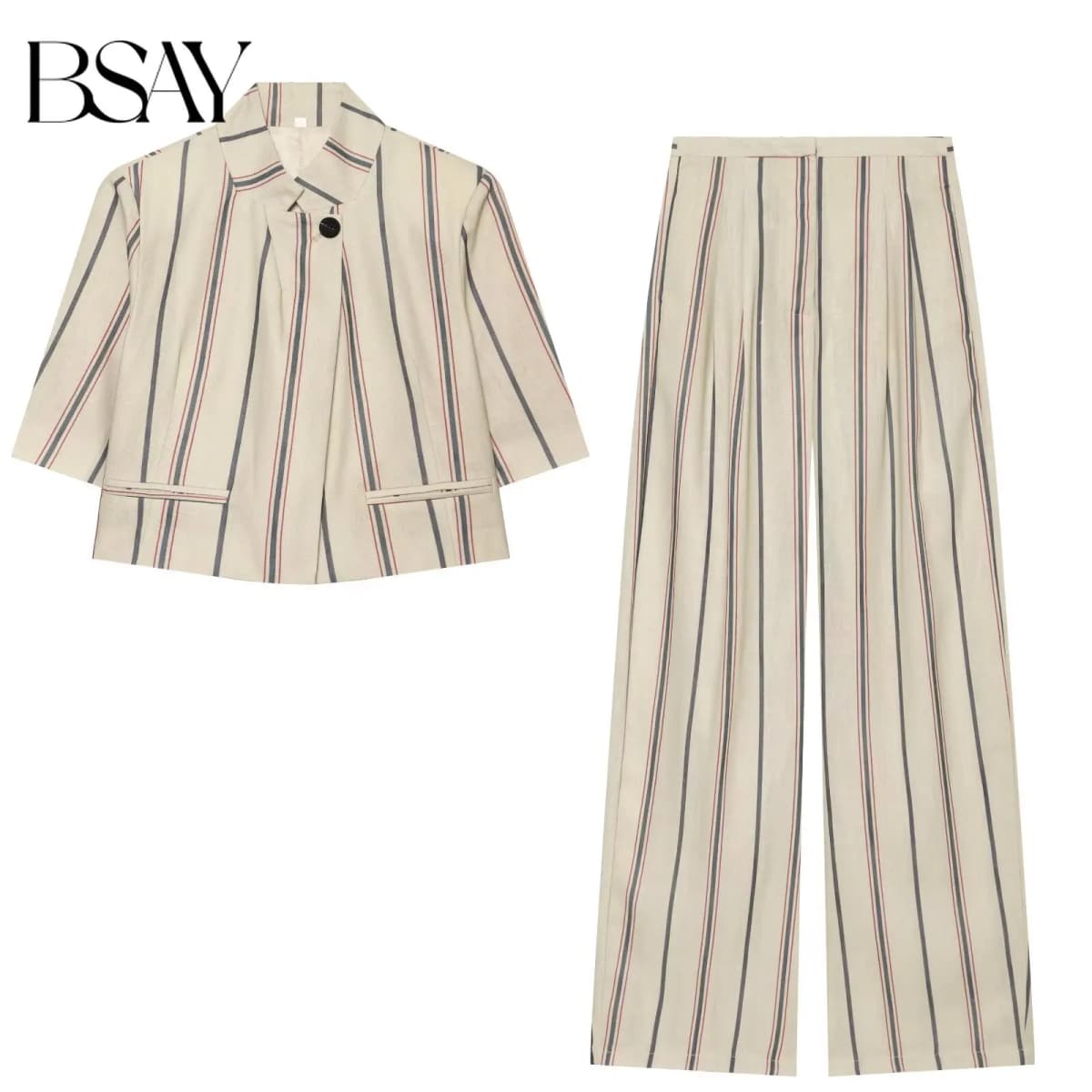 BSAY Women New Vertical Striped Matching Suit Set Notched Lapel Cropped Blazer Sleeve High Waist Wide Leg Casual 2 Piece Outfit