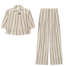 BSAY Women New Vertical Striped Matching Suit Set Notched Lapel Cropped Blazer Sleeve High Waist Wide Leg Casual 2 Piece Outfit