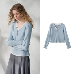TOYOUTH Women's V Neck Fake Two Piece Long Sleeve T Shirt 2026 Autumn New Cashmere-like Slim Fit Cropped