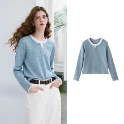 TOYOUTH Women's Long Sleeve T Shirt 2026 Autumn New Retro Textured Fitted Colorblock Fake Two Piece Double Collar Layering Tops