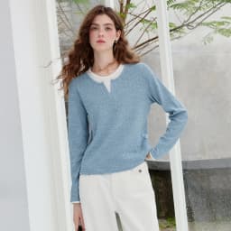 TOYOUTH Women's Long Sleeve T Shirt 2026 Autumn New Retro Textured Fitted Colorblock Fake Two Piece Double Collar Layering Tops