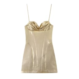 BSAY Metallic Shiny Corset Mini Dress Ladies Draped Collar Thin Strap Slim Fit Short Dress Formal Night Out Birthday Party Gown