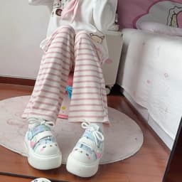Japanese Kawaii Lolita Straight Pants Women Sweet Striped Cartoon Embroidery Casual Pants Girl Y2k Aesthetic Fairy Cute Trousers