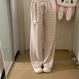 Japanese Kawaii Lolita Straight Pants Women Sweet Striped Cartoon Embroidery Casual Pants Girl Y2k Aesthetic Fairy Cute Trousers