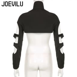JOEVILU Women's Cyberpunk Goth Harajuku Crop Tops Long Sleeve Hollow Out Zipper T Shirt Y2K Grunge Streetwear Jacket for Dancing