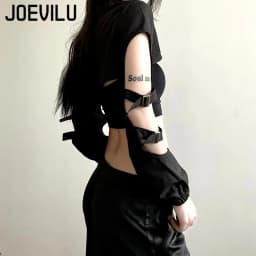 JOEVILU Women's Cyberpunk Goth Harajuku Crop Tops Long Sleeve Hollow Out Zipper T Shirt Y2K Grunge Streetwear Jacket for Dancing