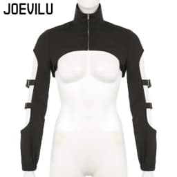 JOEVILU Women's Cyberpunk Goth Harajuku Crop Tops Long Sleeve Hollow Out Zipper T Shirt Y2K Grunge Streetwear Jacket for Dancing