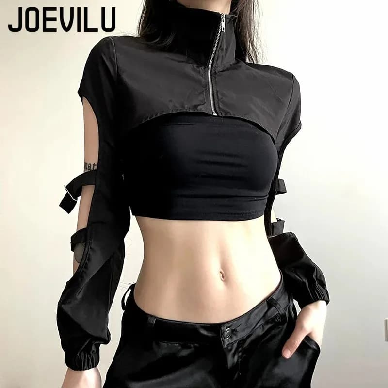 JOEVILU Women's Cyberpunk Goth Harajuku Crop Tops Long Sleeve Hollow Out Zipper T Shirt Y2K Grunge Streetwear Jacket for Dancing