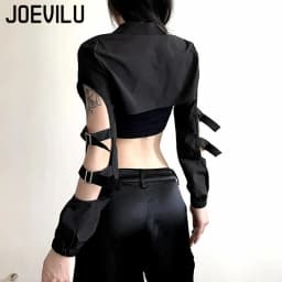 JOEVILU Women's Cyberpunk Goth Harajuku Crop Tops Long Sleeve Hollow Out Zipper T Shirt Y2K Grunge Streetwear Jacket for Dancing