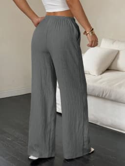 Summer 2025 Women's Casual Solid Color Texture Fabric Waist Belted Side Pocket Wide Leg Pants New Cross-Border Style