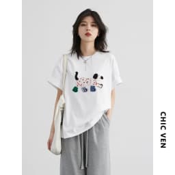 CHIC VEN Women T-Shirts Loose Streetwear Unisex Fun Dog Embroidered Short Sleeve Cotton Girl Tees Female Top Summer 2025
