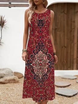 Womens Casual Bohemian Style Print Sexy Sleeveless Vest Dress Summer Hawaiian Beach Soft Comfortable Long Dess Clothes for Woman
