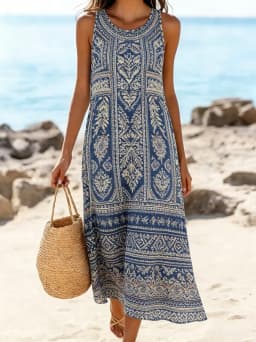 Womens Casual Bohemian Style Print Sexy Sleeveless Vest Dress Summer Hawaiian Beach Soft Comfortable Long Dess Clothes for Woman