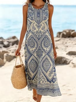 Womens Casual Bohemian Style Print Sexy Sleeveless Vest Dress Summer Hawaiian Beach Soft Comfortable Long Dess Clothes for Woman