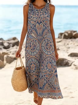 Womens Casual Bohemian Style Print Sexy Sleeveless Vest Dress Summer Hawaiian Beach Soft Comfortable Long Dess Clothes for Woman