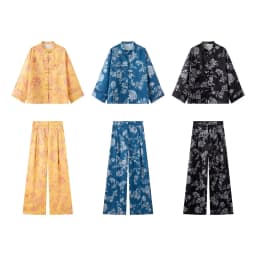 Women Yellow Floral Printing 2-Piece Set Women Stand Collar Long Sleeve Shirt + High Waist Wide Leg Pants Loose Lady Suit