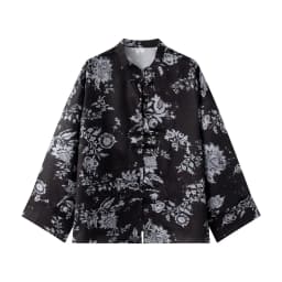 Women Yellow Floral Printing 2-Piece Set Women Stand Collar Long Sleeve Shirt + High Waist Wide Leg Pants Loose Lady Suit