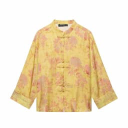Women Yellow Floral Printing 2-Piece Set Women Stand Collar Long Sleeve Shirt + High Waist Wide Leg Pants Loose Lady Suit