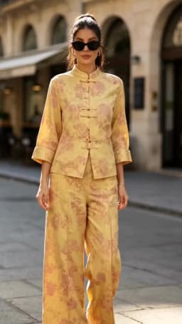 Women Yellow Floral Printing 2-Piece Set Women Stand Collar Long Sleeve Shirt + High Waist Wide Leg Pants Loose Lady Suit