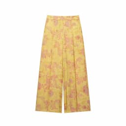 Women Yellow Floral Printing 2-Piece Set Women Stand Collar Long Sleeve Shirt + High Waist Wide Leg Pants Loose Lady Suit
