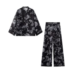 Women Yellow Floral Printing 2-Piece Set Women Stand Collar Long Sleeve Shirt + High Waist Wide Leg Pants Loose Lady Suit